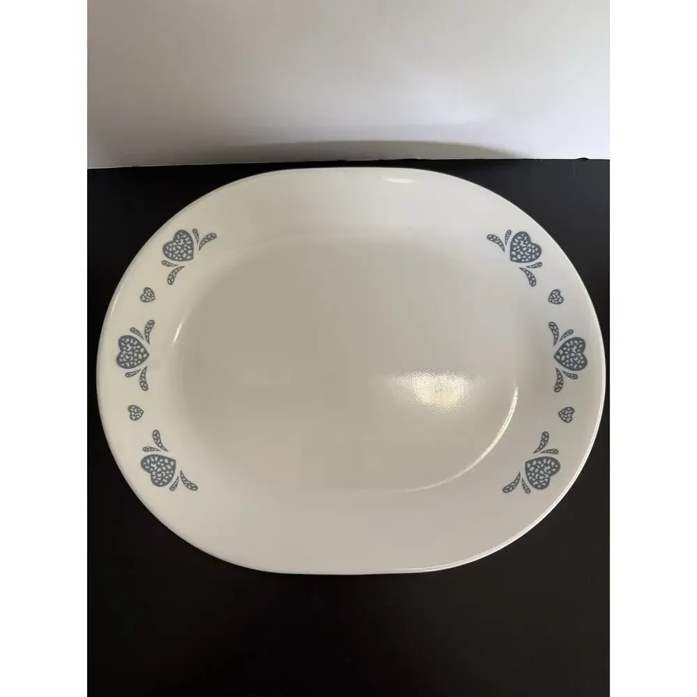 Vintage Corelle Country Cottage Blue Hearts Oval Serving Platter 10 x 12.25”
